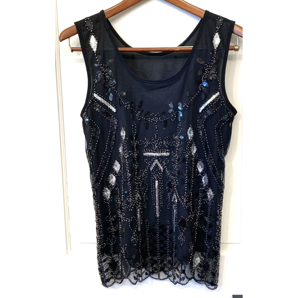 Beaded Sequin Black Sleeveless Semi Sheer M Blouse Whimsigoth Dark Fairy Holiday
